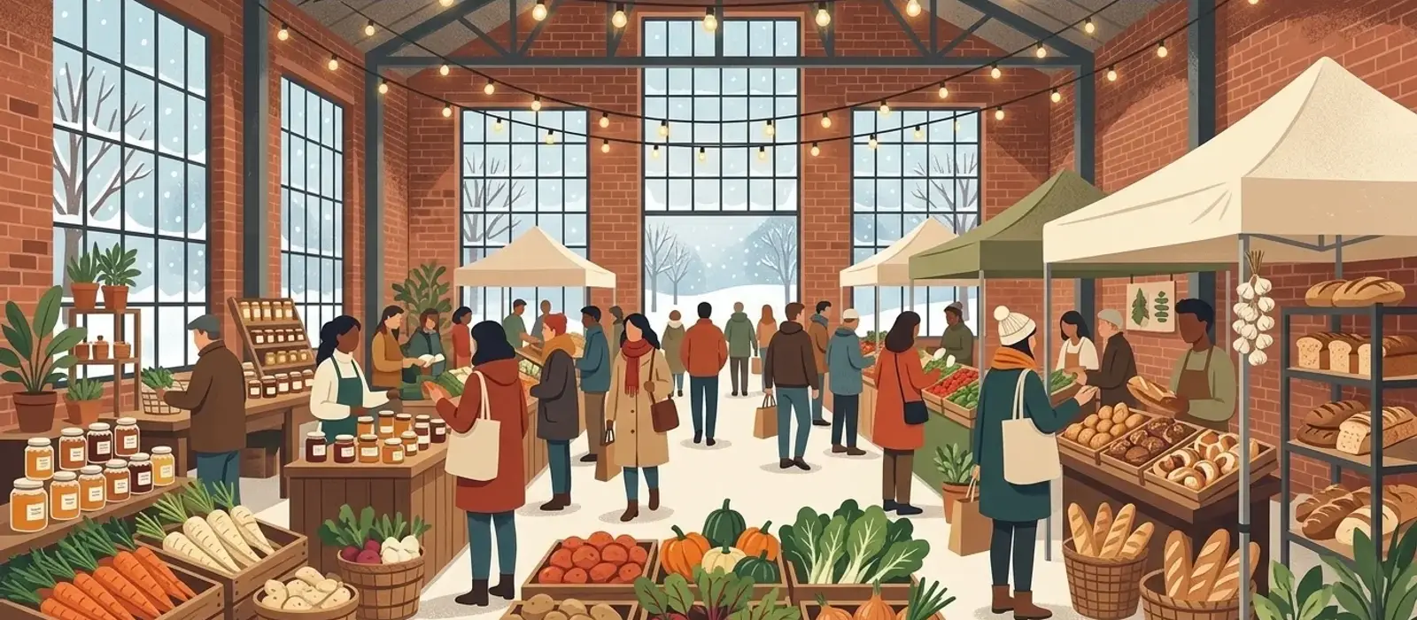 Illustration of an indoor winter farmers market with warm lights