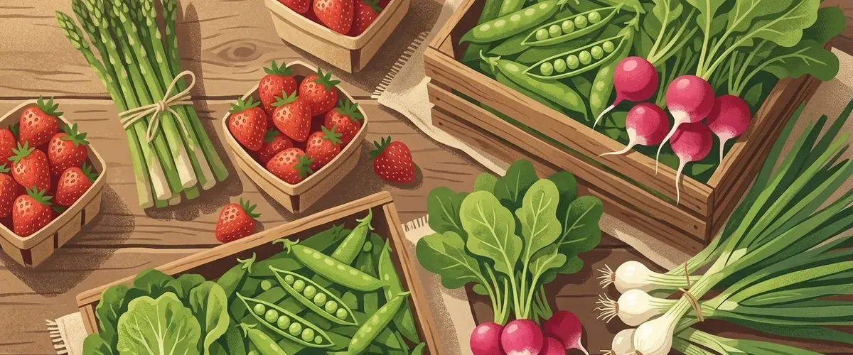 Illustration of spring fruits and vegetables