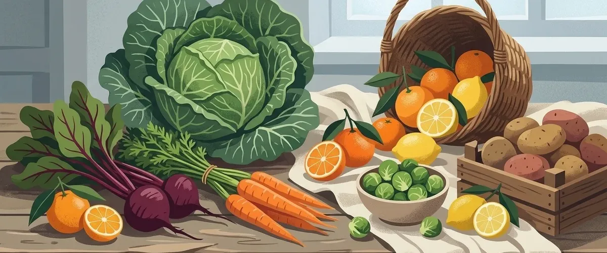 Illustration of winter fruits and vegetables