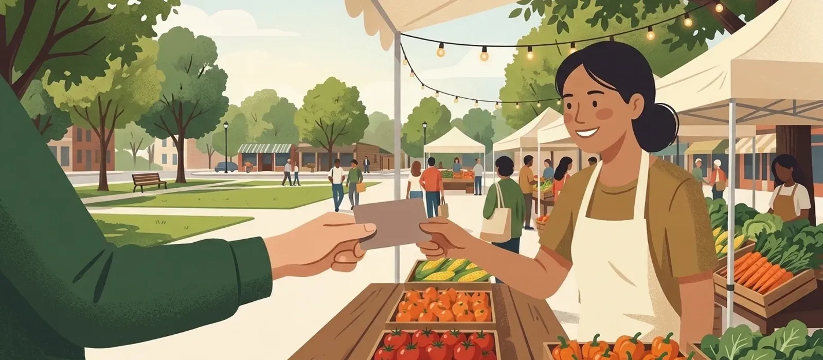 Illustration of a shopper paying with an EBT card at a produce stall